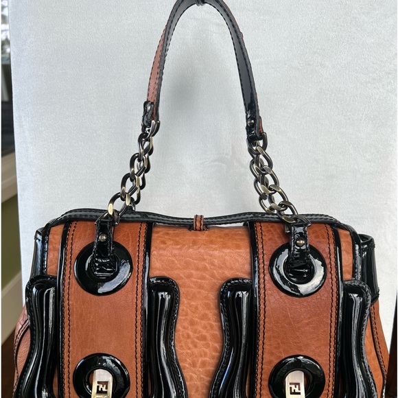 Fendi B Authentic Buckle Bag, Brown with Black Patent Leather - Picture 6 of 15